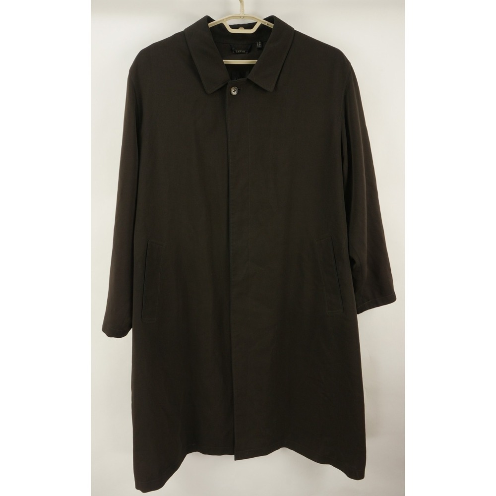 Vintage Sanyo Travel Coat Men XL Brown Twill Wool Hidden Placket Made in Japan